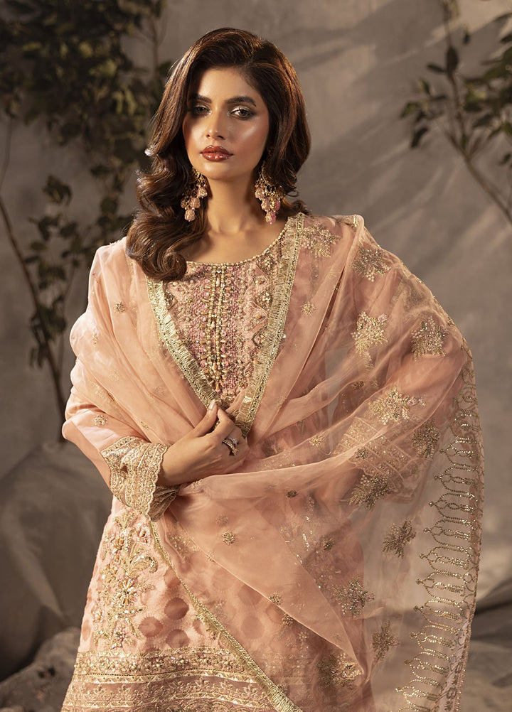 Diara Couture Pret Embroidered Gharara Organza 3 Piece Suit US-493 Peach