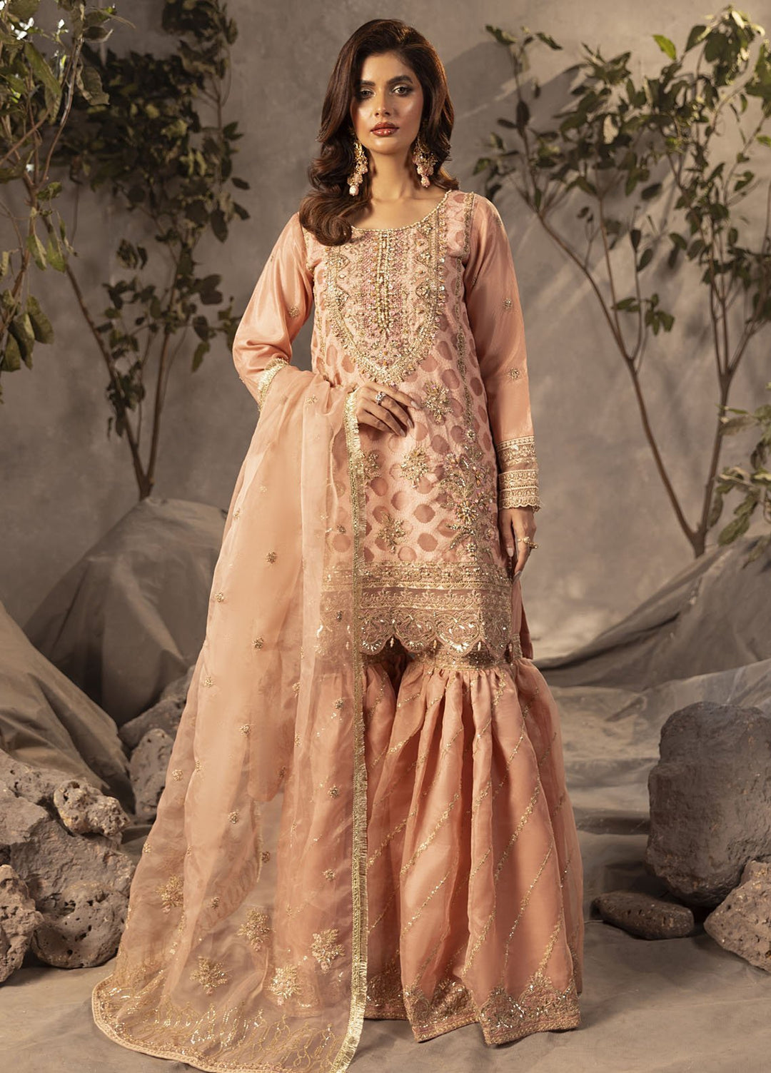 Diara Couture Pret Embroidered Gharara Organza 3 Piece Suit US-493 Peach