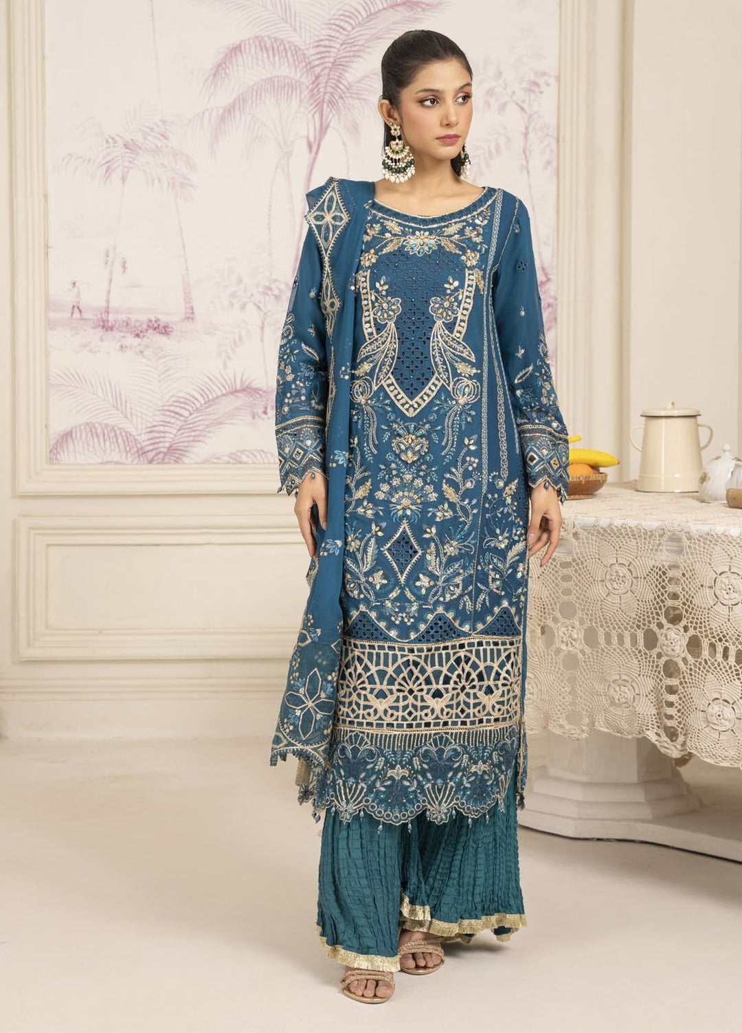 Diara Couture Pret Embroidered Sharara Organza 3 Piece Suit SF-13 Teal Blue