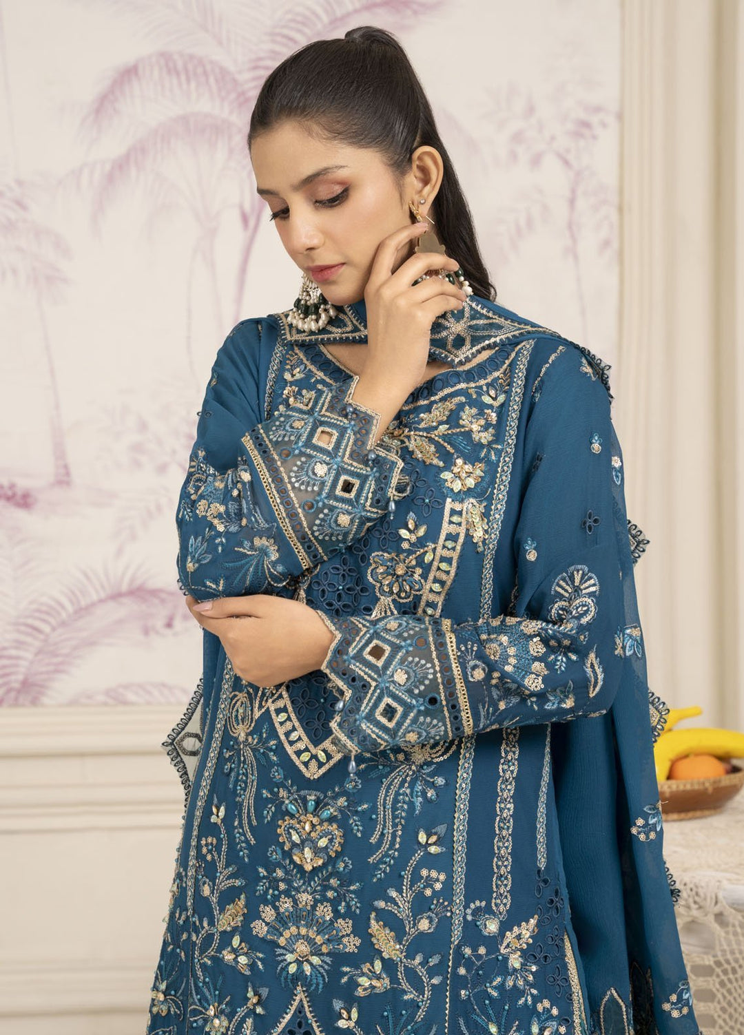 Diara Couture Pret Embroidered Maxi Organza 3 Piece Suit SF-13 Teal Blue