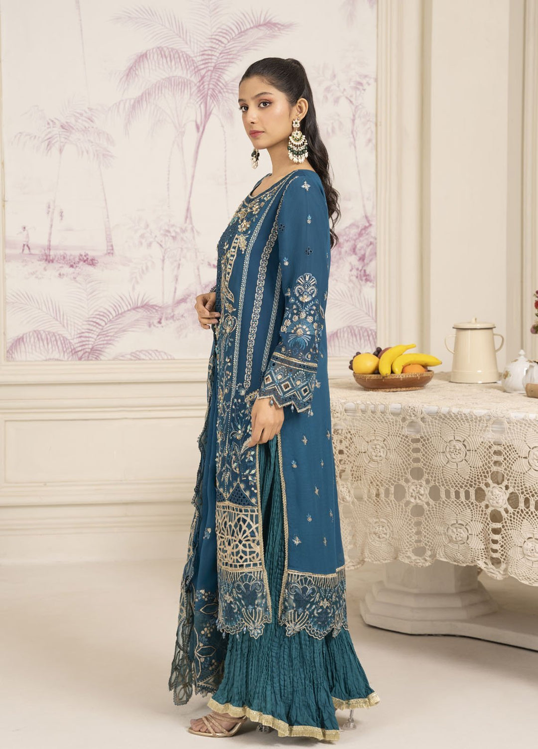 Diara Couture Pret Embroidered Maxi Organza 3 Piece Suit SF-13 Teal Blue