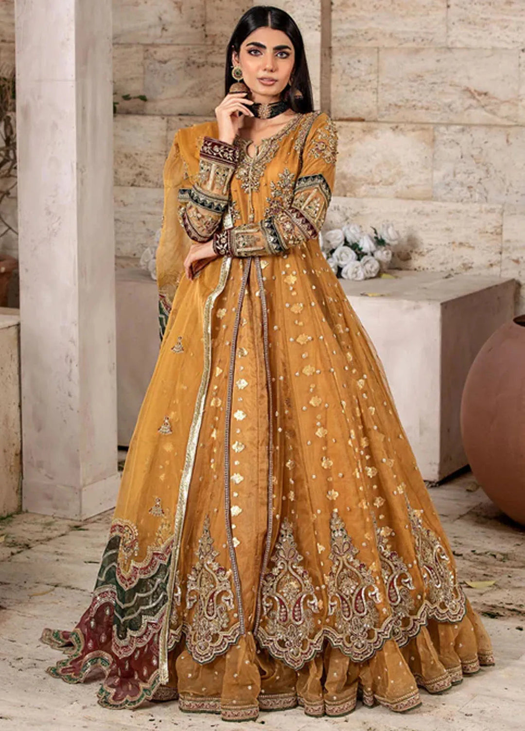 Diara Couture Pret Embroidered Net 3 Piece Suit US-607 Anarkali Mustard