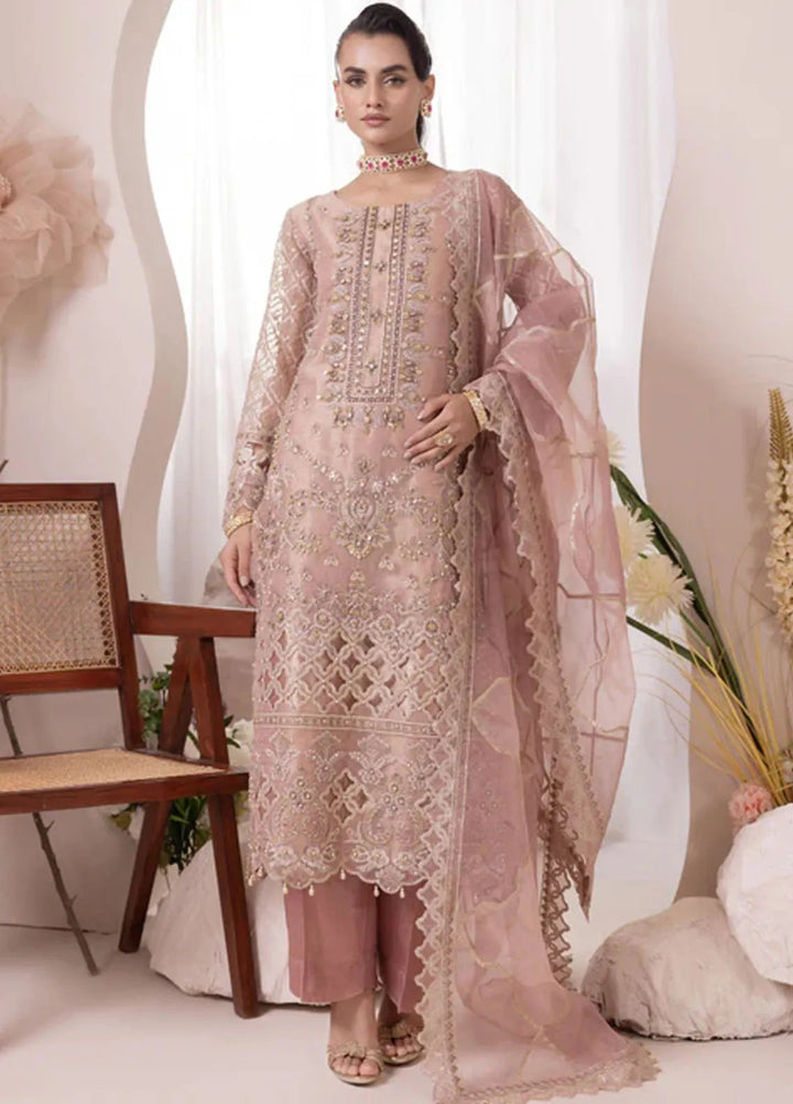 Diara Couture Pret Embroidered Organza 3 Piece Suit US-644 Roheen Pink