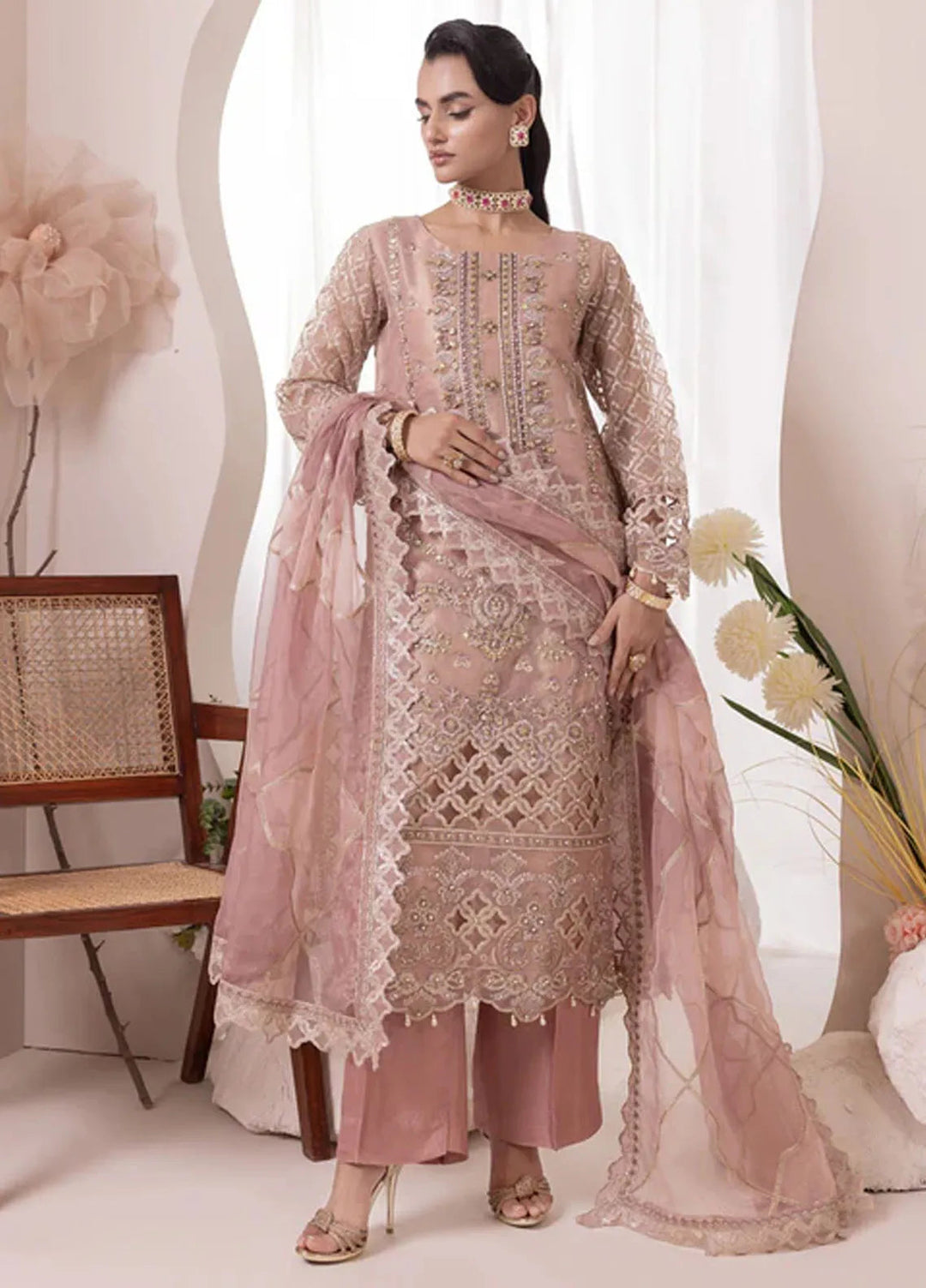 Diara Couture Pret Embroidered Organza 3 Piece Suit US-644 Roheen Pink