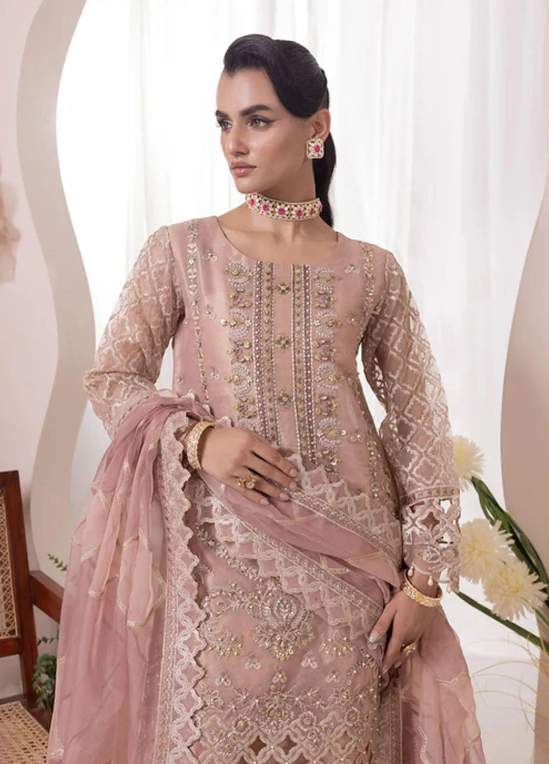 Diara Couture Pret Embroidered Organza 3 Piece Suit US-644 Roheen Pink
