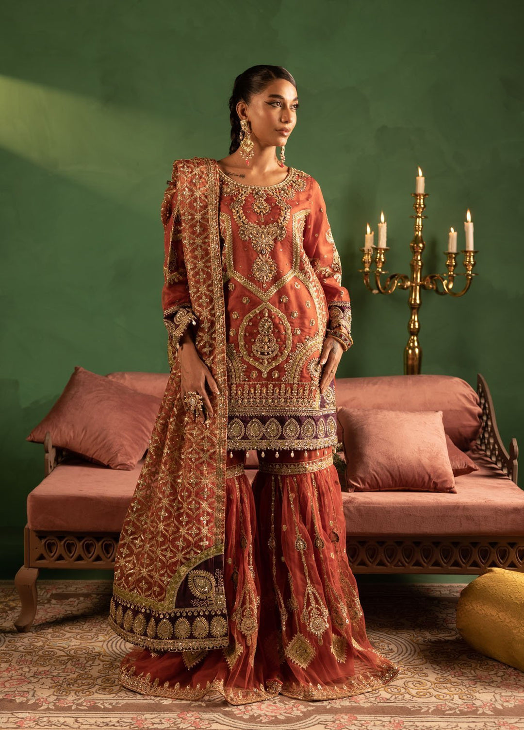 Diara Couture Pret Embroidered Sharara Chiffon 3 Piece Suit UA-01 Rust