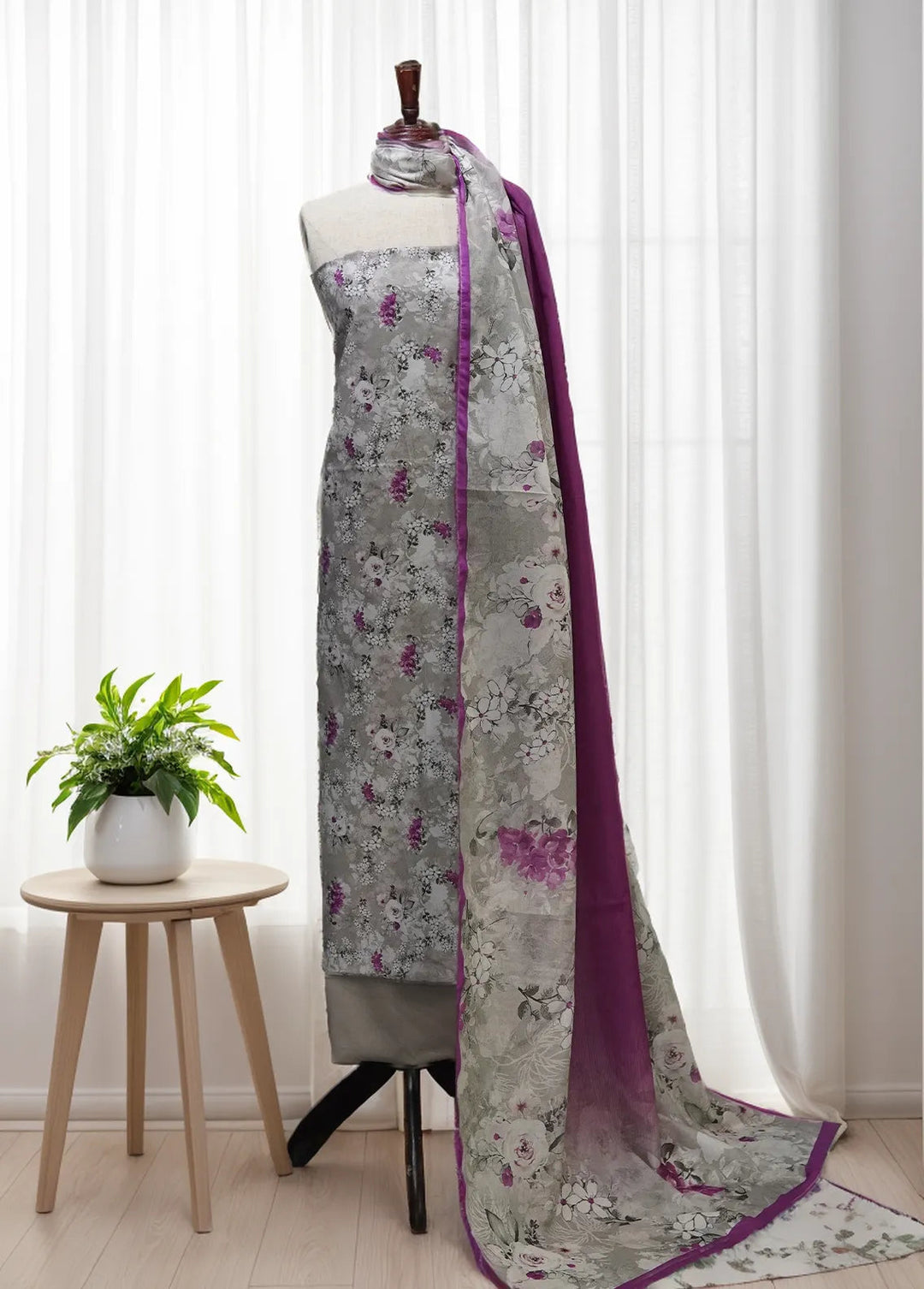 Digital Print By Bin Saeed Printed Lawn Suit Unstitched 3 Piece BN24F Grey - Summer Collection