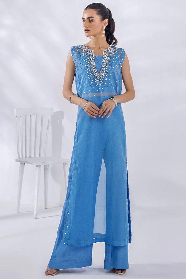 Malook By Shazia Ovais Pret Embroidered Organza Dress MLK23D Tranquil Blue