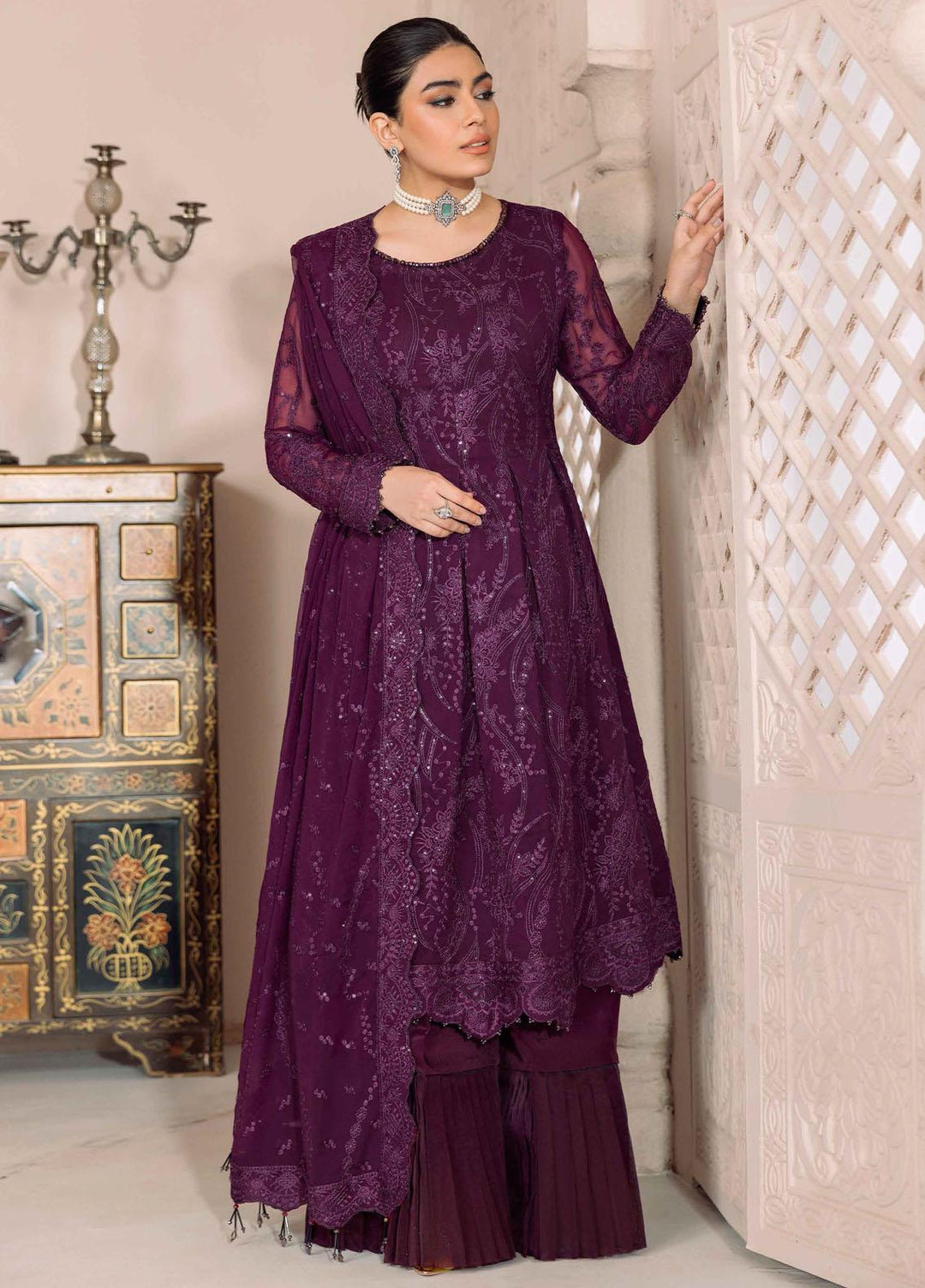 Dua By Alizeh Fashion Embroidered Chiffon Suits Unstitched 3 Piece AFB23DU D-3A Sylvi - Festive Collection
