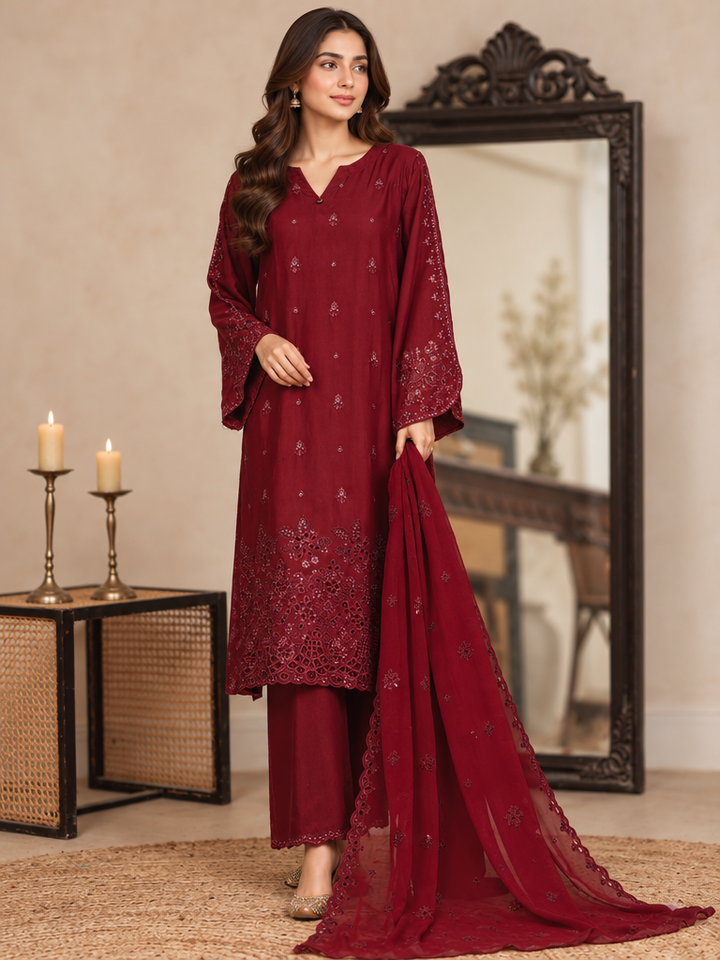 Majestic Silk by HZ Textiles RTW Embroidered Rawsilk 3 Piece Suit HZ26RMS RDE-3P-004 Dark Cherry - Festive Collection
