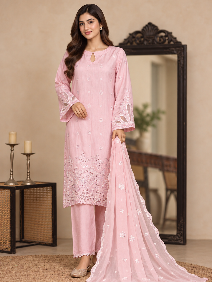 Majestic Silk by HZ Textiles RTW Embroidered Rawsilk 3 Piece Suit HZ26RMS RDE-3P-003 Blush Rose - Festive Collection