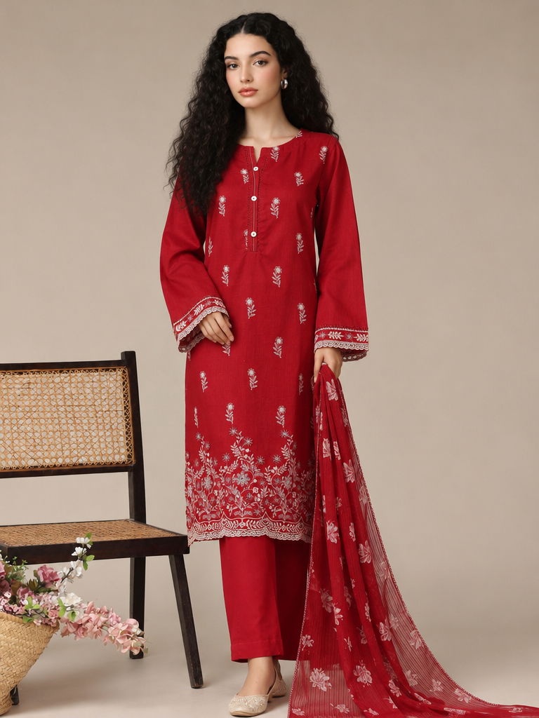 HZ Textiles RTW Chikankari Lawn 3 Piece Suit HZ26PCL RED GLOW SBE-3P-074 - Casual Collection