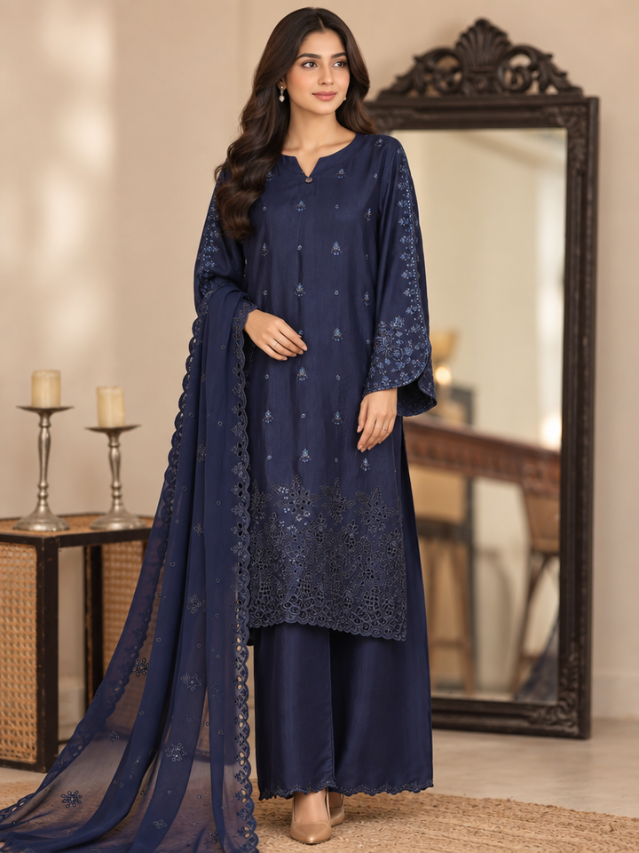 Majestic Silk by HZ Textiles RTW Embroidered Raw Silk 3 Piece Suit HZ26RMS RDE-3P-006 Navy - Festive Collection
