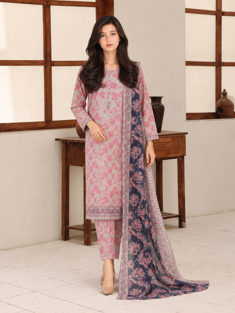 Identic by HZ Textiles Unstitched Embroidered Cotton 3 Piece Suit HZ26UCI PDW 3329-E - Casual Collection