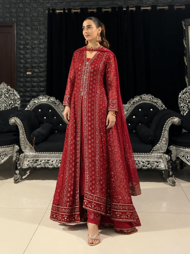 Rasm e Henna by Al Siyaab RTW Embroidered Chiffon 3 Piece Suit Noor e Nazakat Maroon - Festive Collection