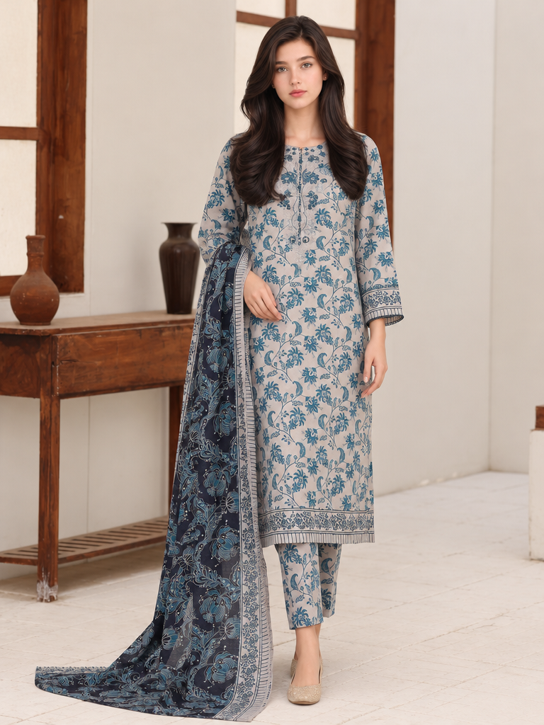 Identic by HZ Textiles Unstitched Embroidered Cotton 3 Piece Suit HZ26UCI PDW 3329-A - Casual Collection