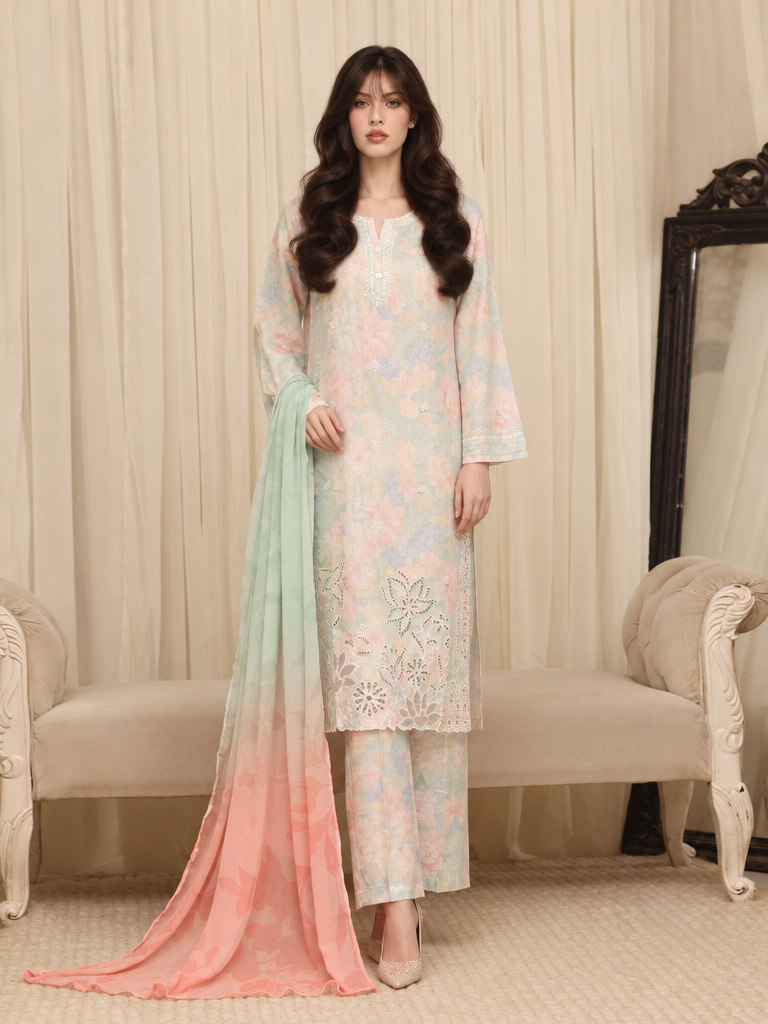 Majestic by HZ Textiles RTW Embroidered Raw Silk 3 Piece Suit HZ26RSM Seafoam XRPE-3P-003 - Casual Collection
