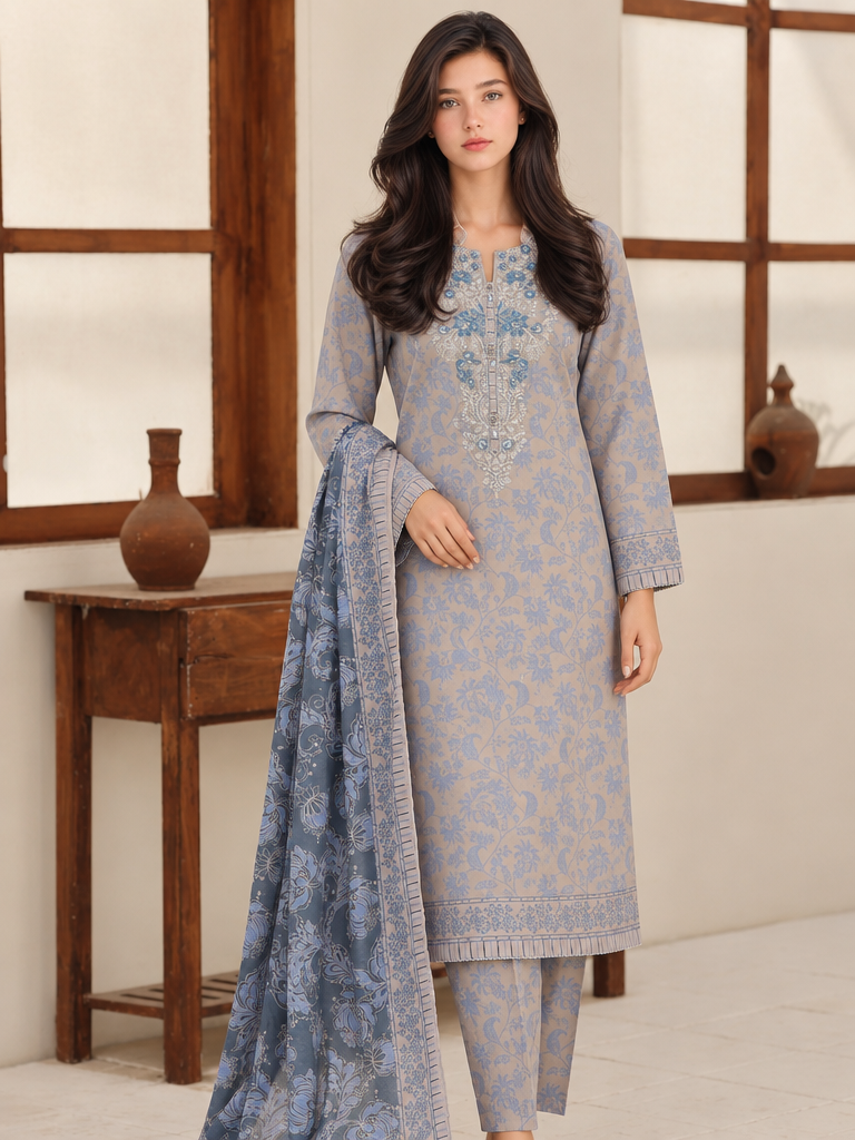 Identic by HZ Textiles Unstitched Embroidered Cotton 3 Piece Suit HZ26UCI PDW 3329-F - Casual Collection