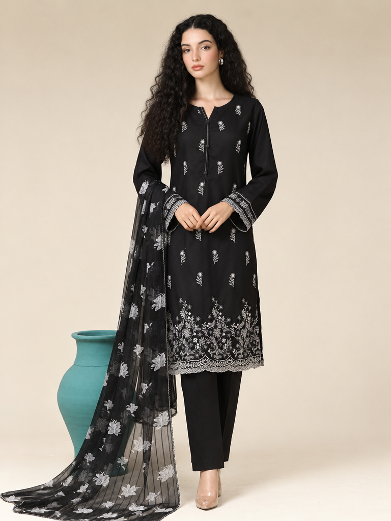 HZ Textiles RTW Chikankari Lawn 3 Piece Suit HZ26PCL BLACK MAGIC SBE-3P-073 - Casual Collection