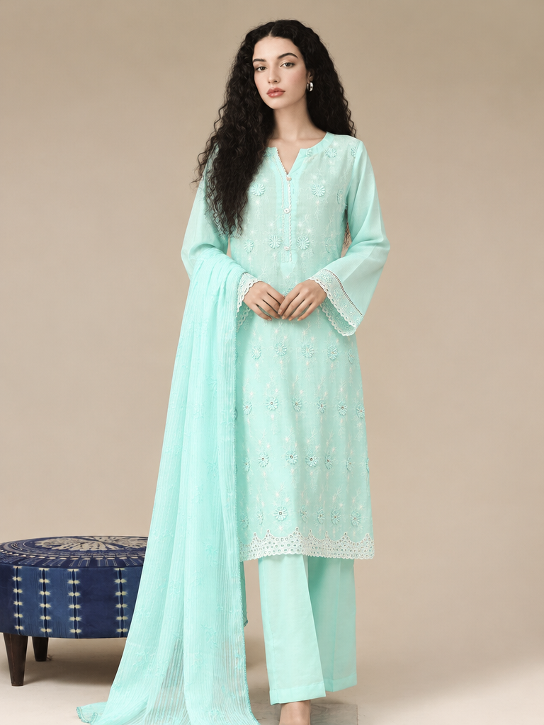 HZ Textiles RTW Chikankari Lawn 3 Piece Suit HZ26PCL OCEAN HUE SBE-3P-076 - Casual Collection