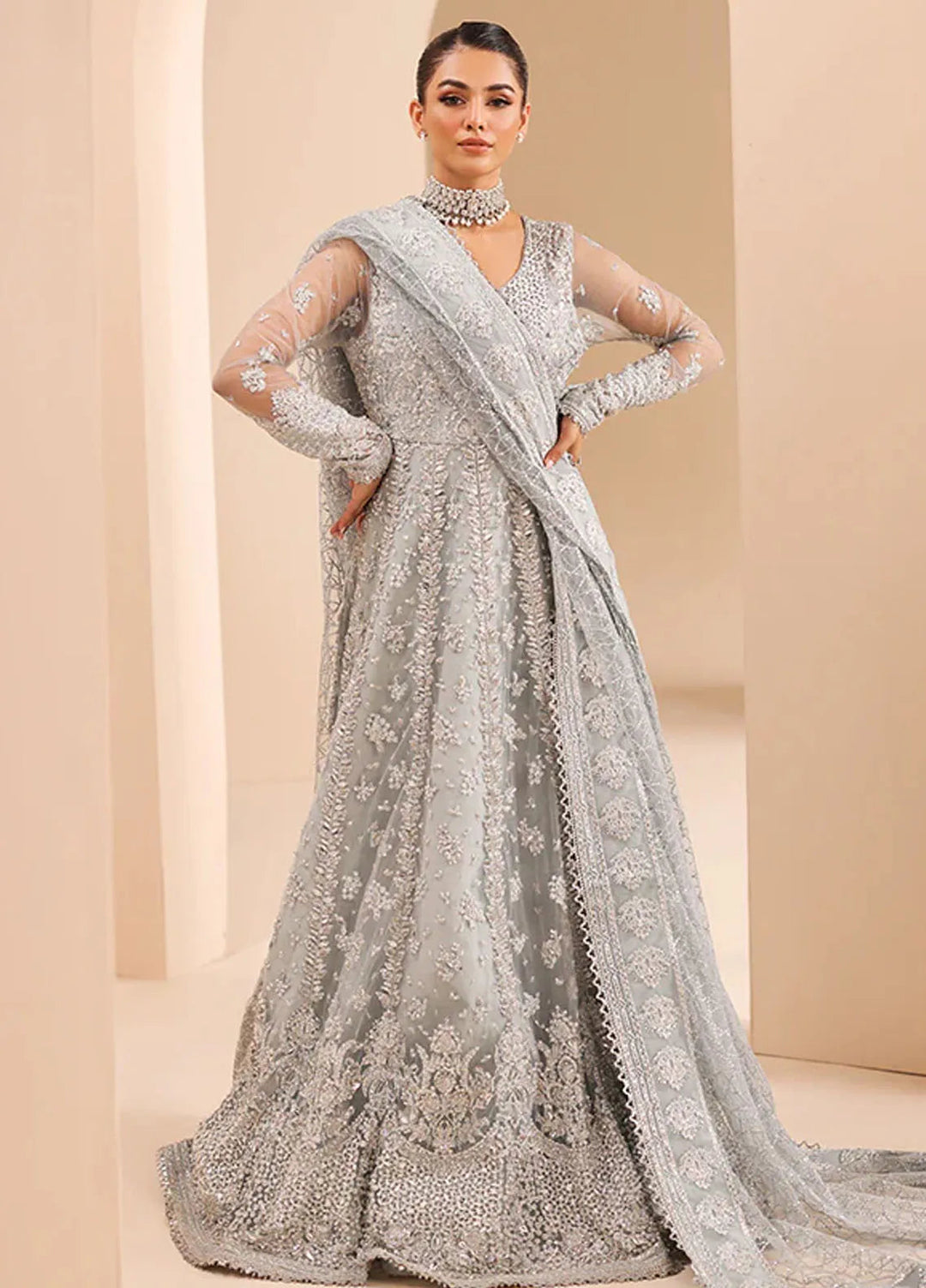 Edel by Saffron Embroidered Net Suit Unstitched 4 Piece SFR24E D-04 Silver Whisper - Formal Collection