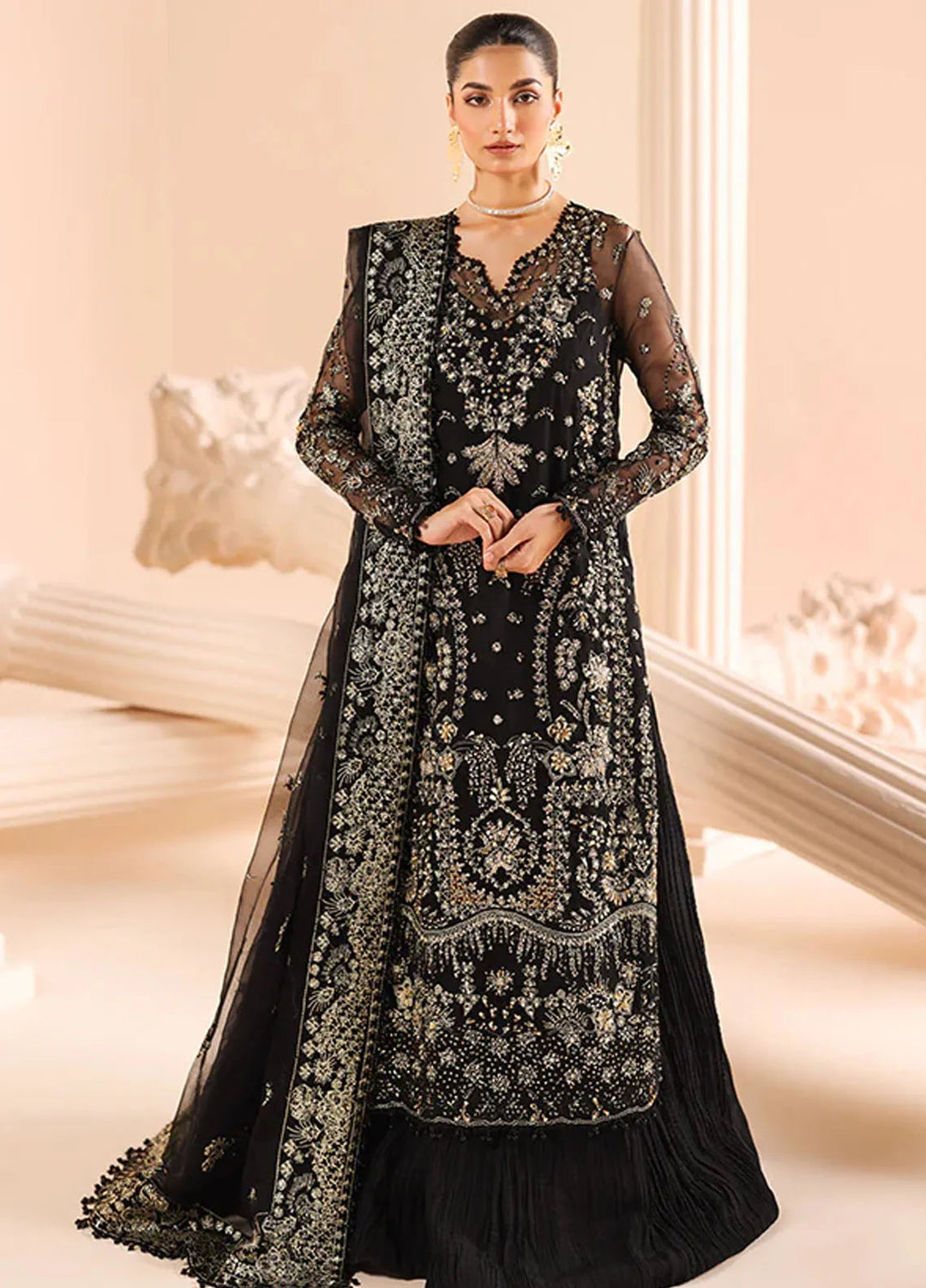 Edel by Saffron Embroidered Organza Suit Unstitched 3 Piece SFR24E D-08 Noir Dewdrop - Formal Collection