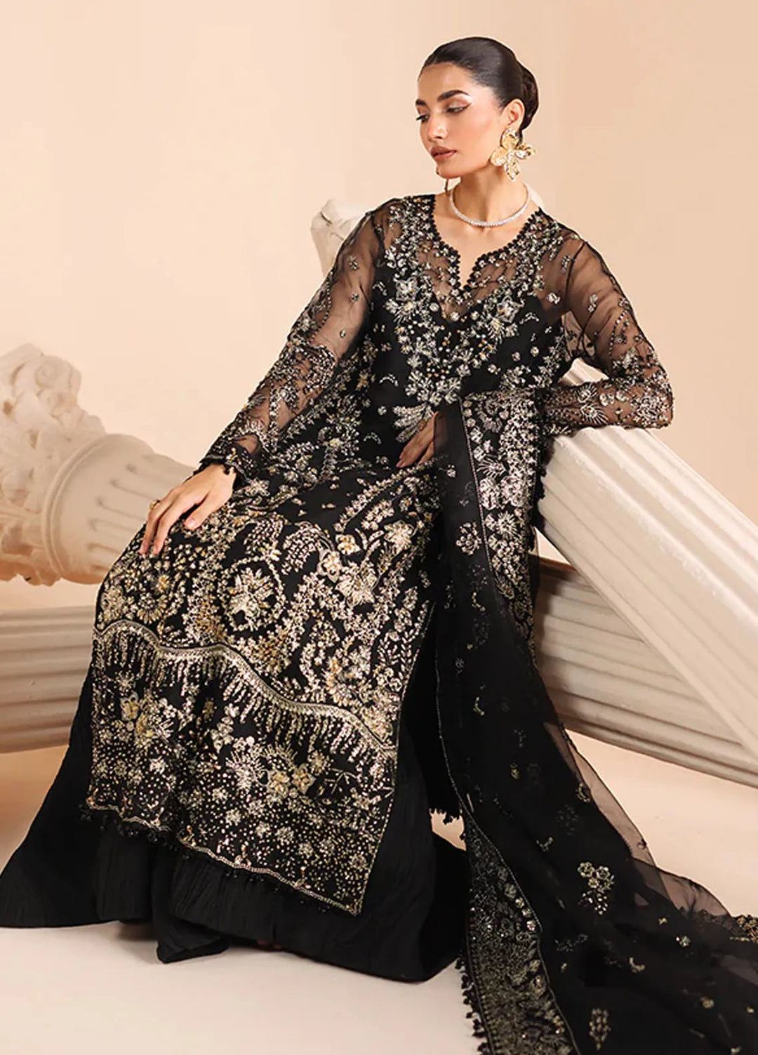 Edel by Saffron Embroidered Organza Suit Unstitched 3 Piece SFR24E D-08 Noir Dewdrop - Formal Collection