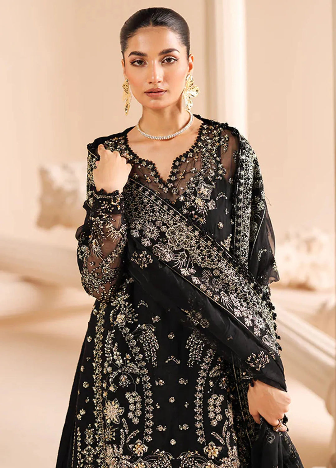Edel by Saffron Embroidered Organza Suit Unstitched 3 Piece SFR24E D-08 Noir Dewdrop - Formal Collection