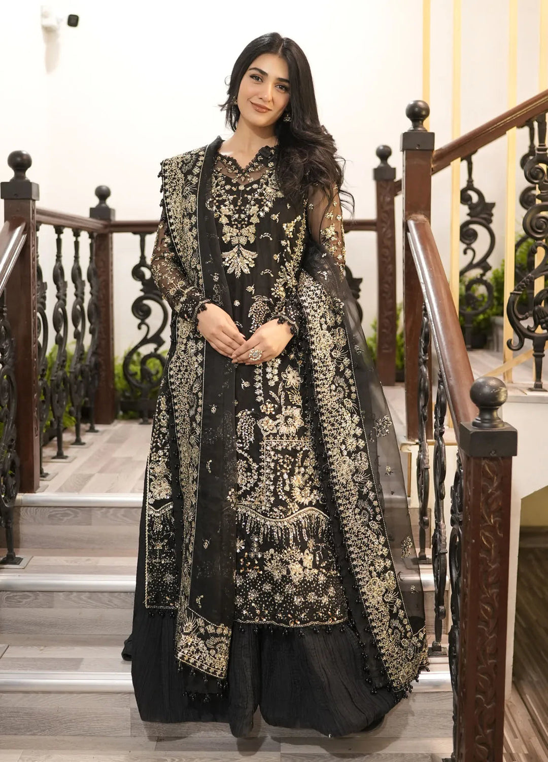 Edel by Saffron Embroidered Organza Suit Unstitched 3 Piece SFR24E D-08 Noir Dewdrop - Formal Collection