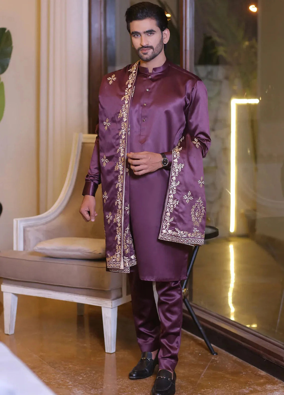 Edge Republic Fancy Men Kurta Pajama With Shawl - ER 703 Purple
