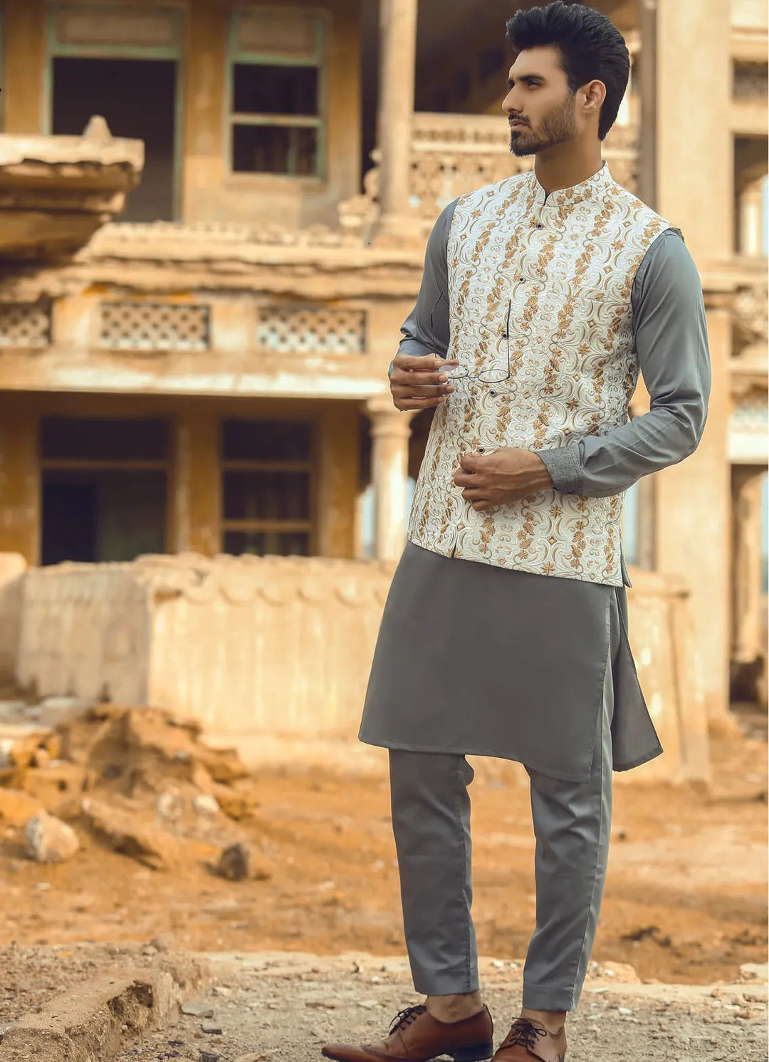 Edge Republic Kurta Pajama And Waist Coat ER WC 1003 Self Embroided Gold