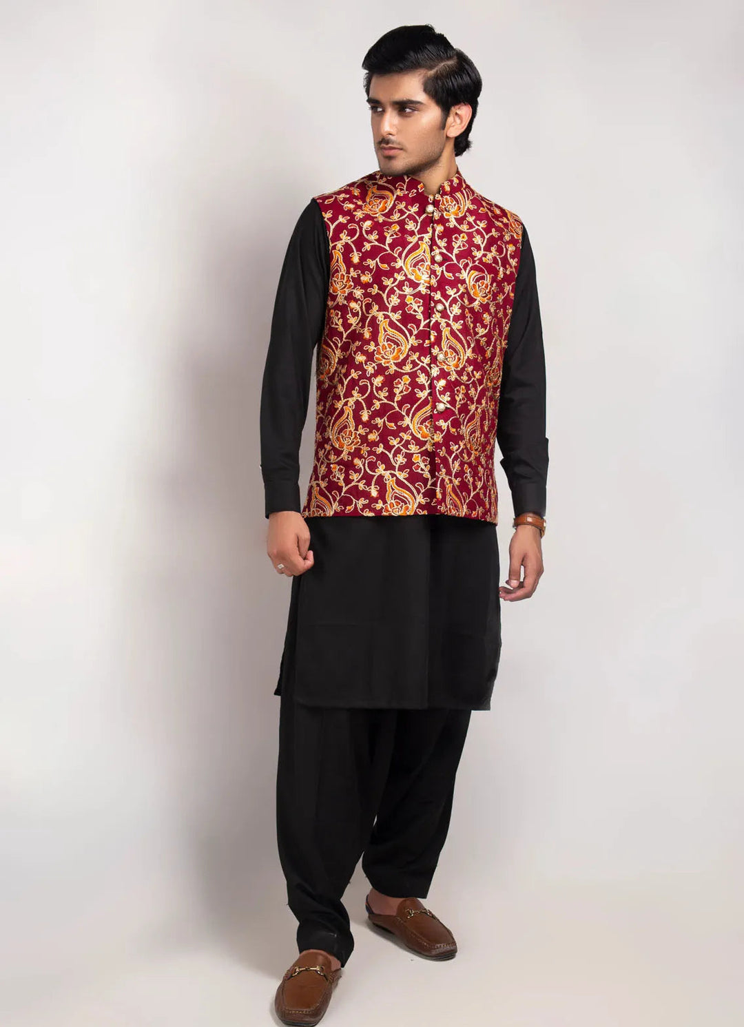 Edge Republic Kurta Pajama And Waist Coat ER WC 1009 Maoon Zari Work Waist Coat