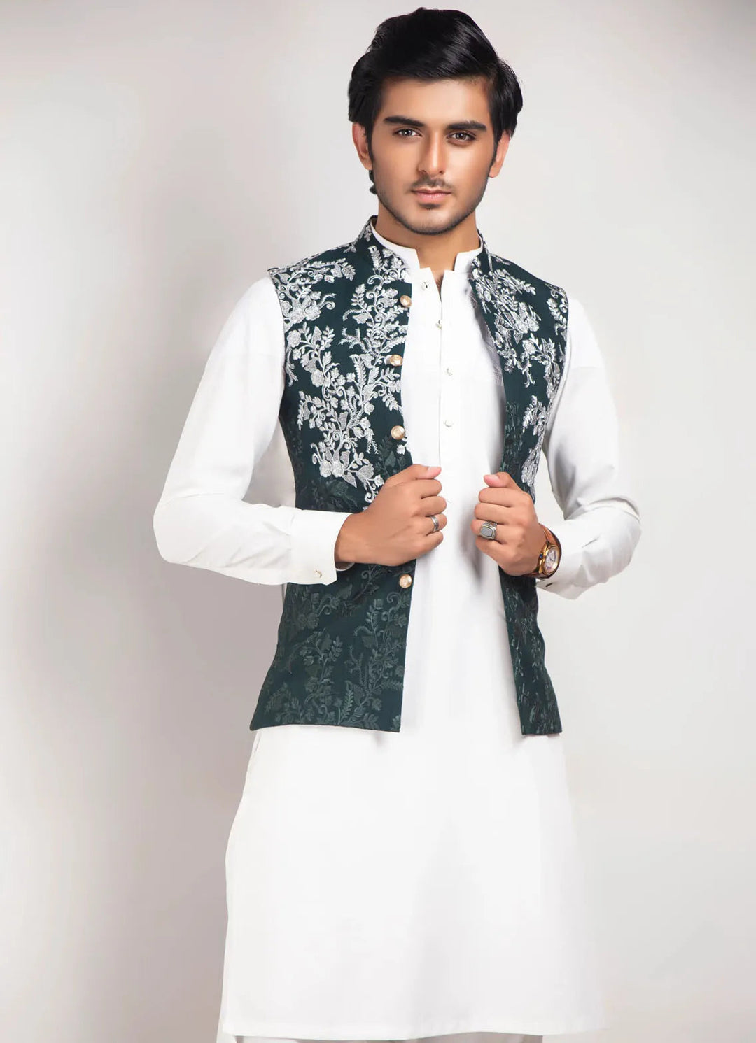 Edge Republic Kurta Pajama And Waist Coat ER WC 1010 Green Silver Embroided Waist Coats