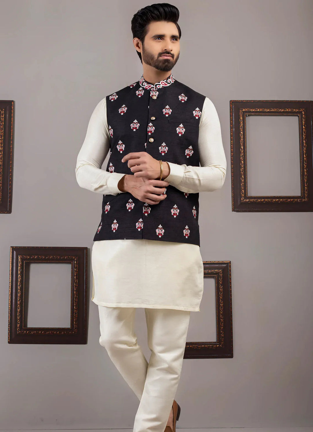 Edge Republic Kurta Pajama And Waist Coat ER WC 1012 Brown Logo Lion Embroided Waist Coat
