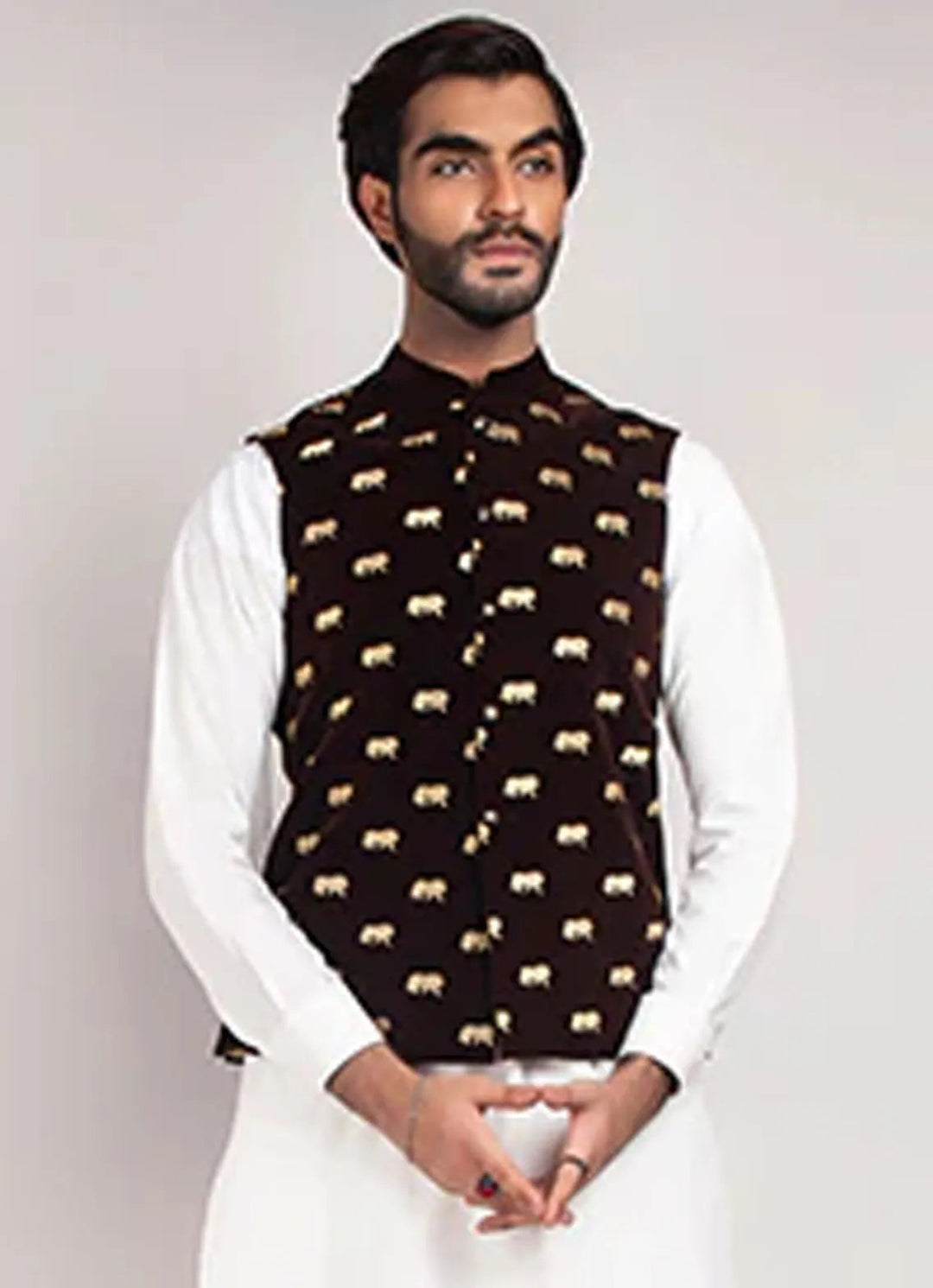 Edge Republic Kurta Pajama And Waist Coat ER WC 1012 Brown Logo Lion Embroided Waist Coat