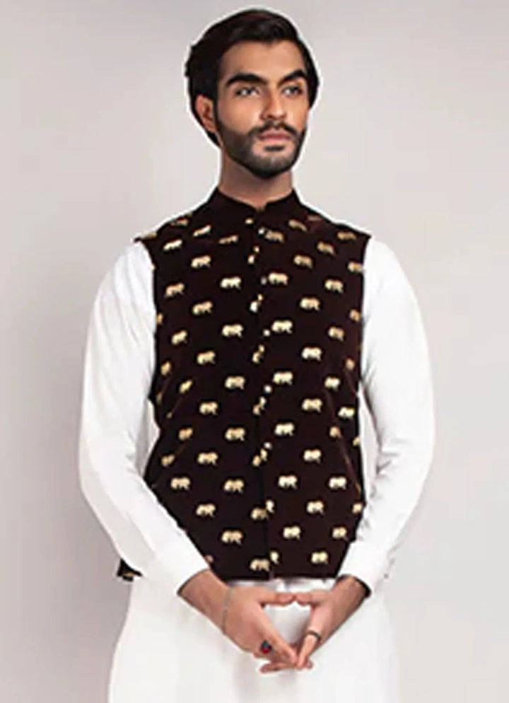 Edge Republic Kurta Pajama And Waist Coat ER WC 1012 Brown Logo Lion Embroided Waist Coat