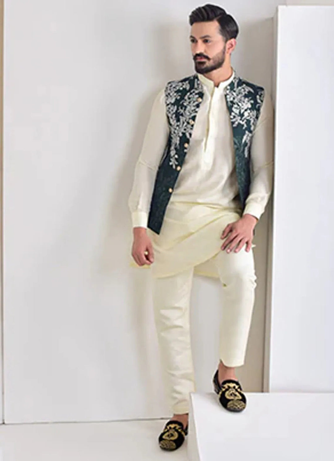 Edge Republic Kurta Pajama And Waist Coat ER WC 1017 Green Silver Embroided Waist Coat