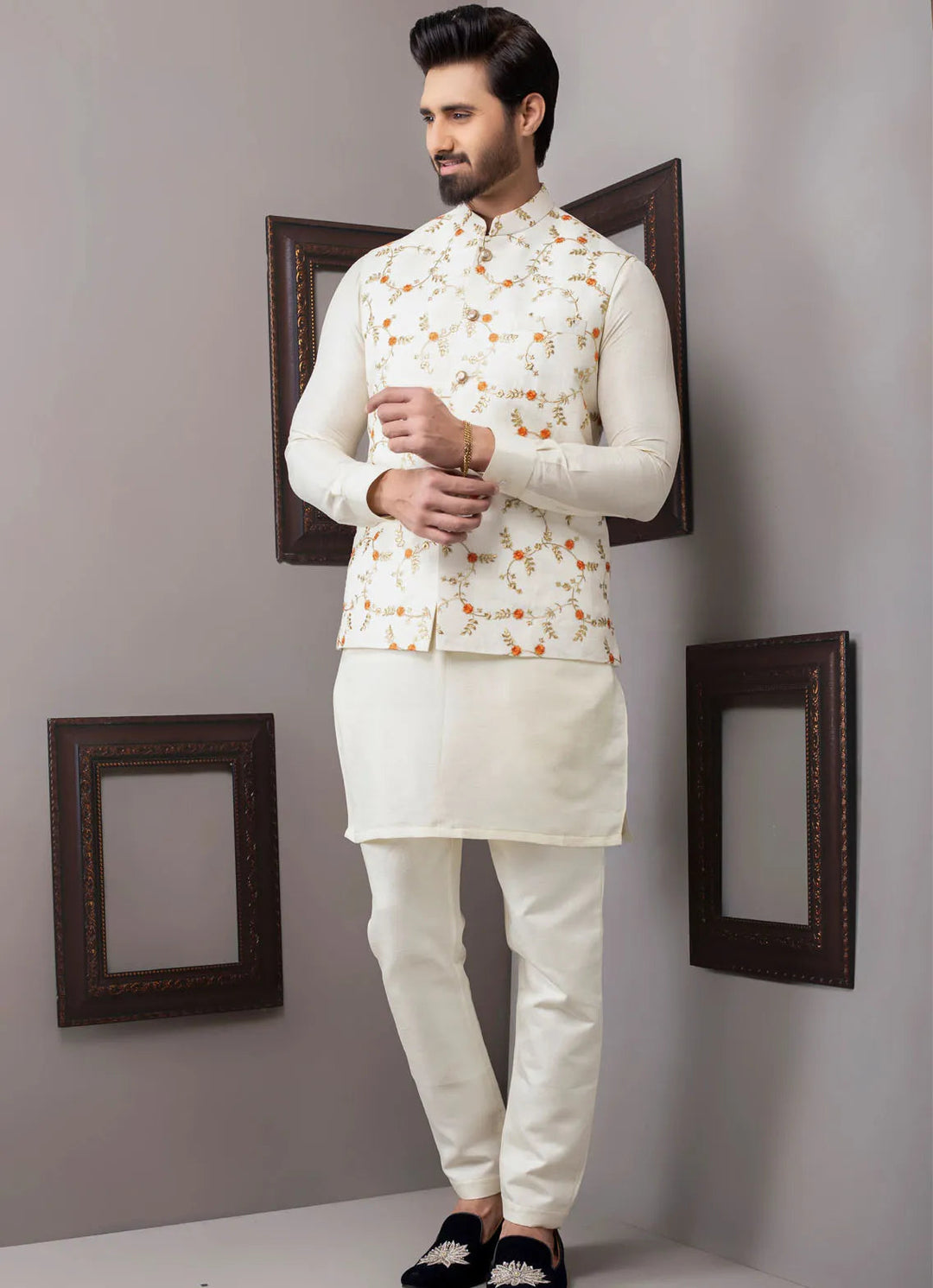 Edge Republic Kurta Pajama And Waist Coat ER WC 1028 Orange Gold Waist Coat