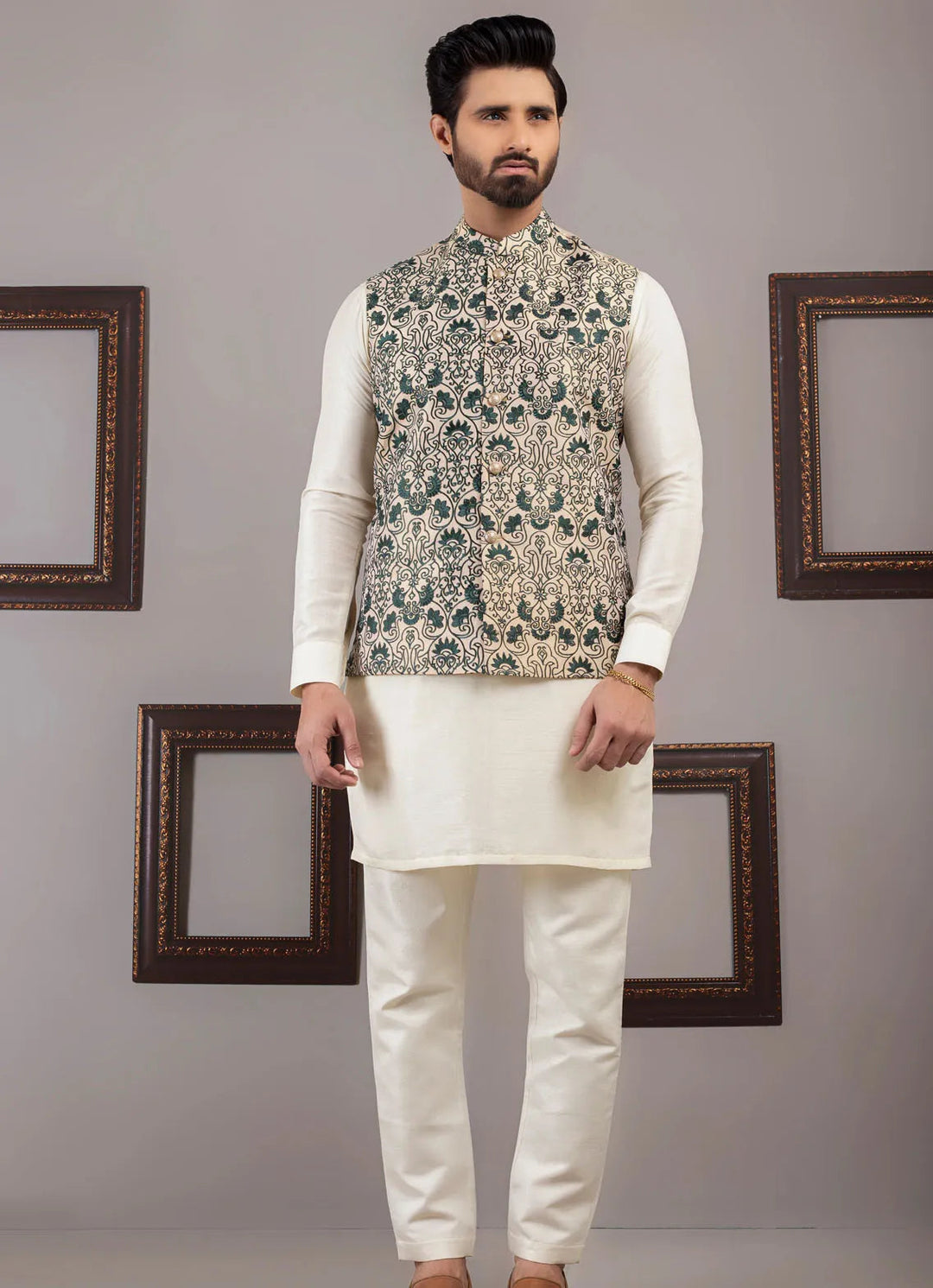 Edge Republic Kurta Pajama And Waist Coat ER WC 1032 Green Beige Elegant Waist Coat
