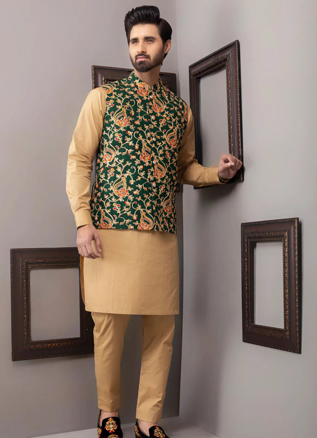 Edge Republic Kurta Pajama And Waist Coat ER WC 1038 Royal Green Zari Work Waist Coat