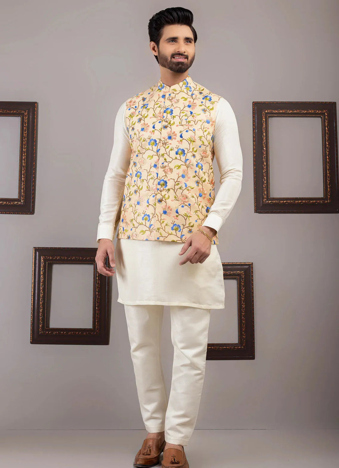 Edge Republic Kurta Pajama And Waist Coat ER WC 1040 Beige Multi Embroided Waist Coat