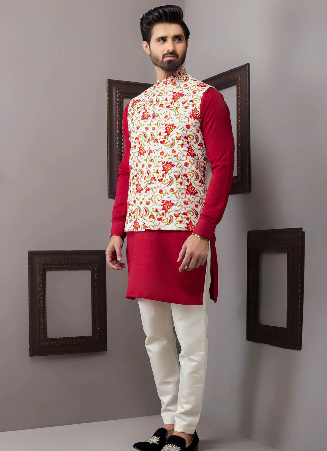 Edge Republic Kurta Pajama And Waist Coat ER WC 1041 Red Valentino Waist Coat