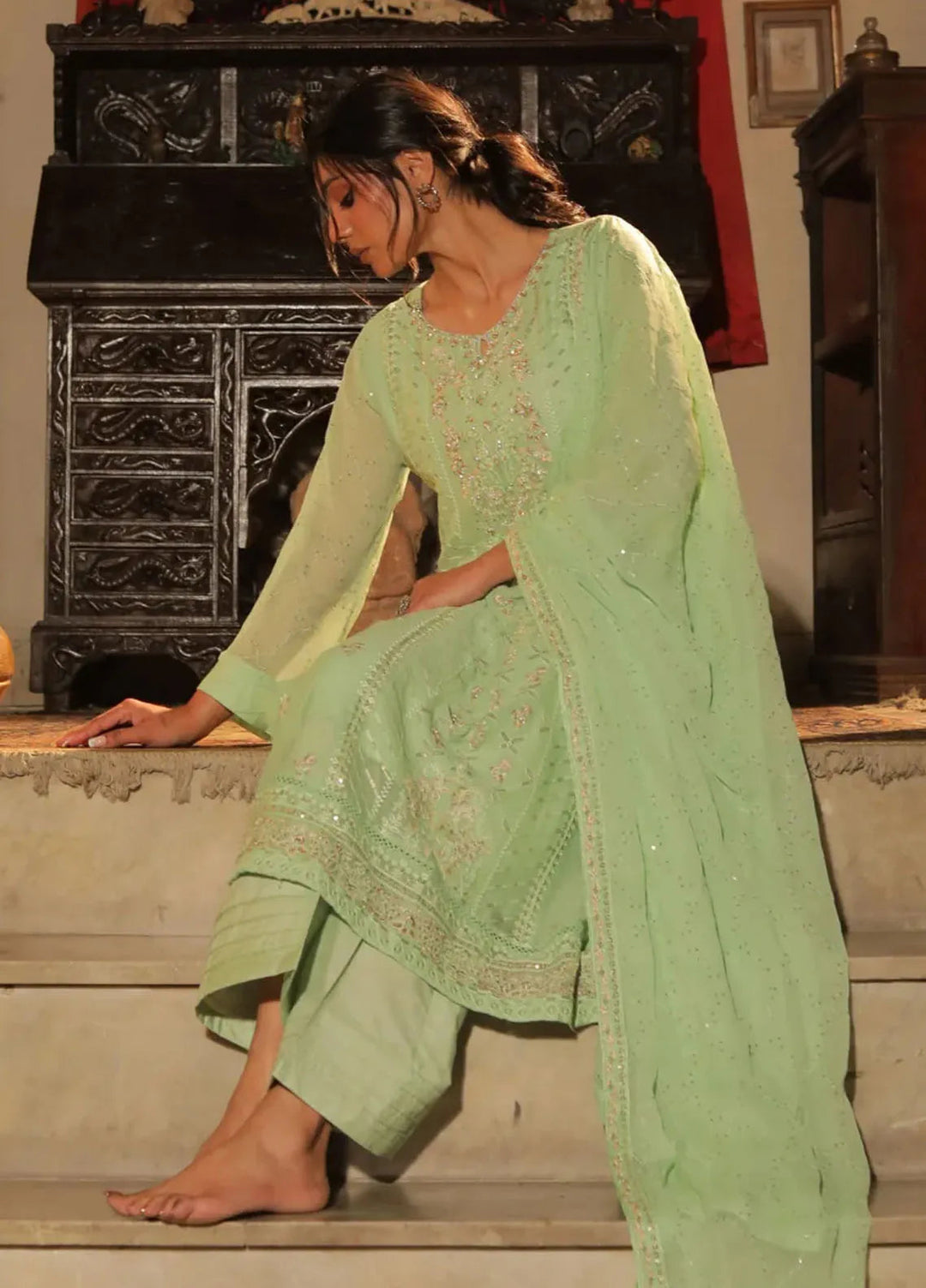 Edge Republic Pret Embroidered Raw Silk 2 Piece Suit Republic Womens 08 Sea Green