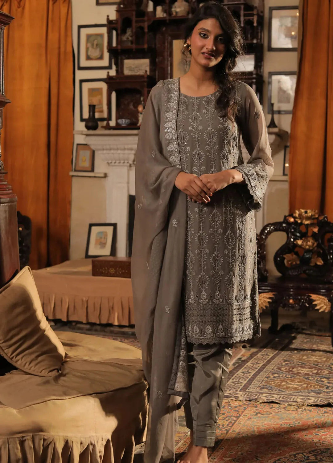 Edge Republic Pret Embroidered Raw Silk 3 Piece Suit Republic Womens 01 Gray Dheemi Sada