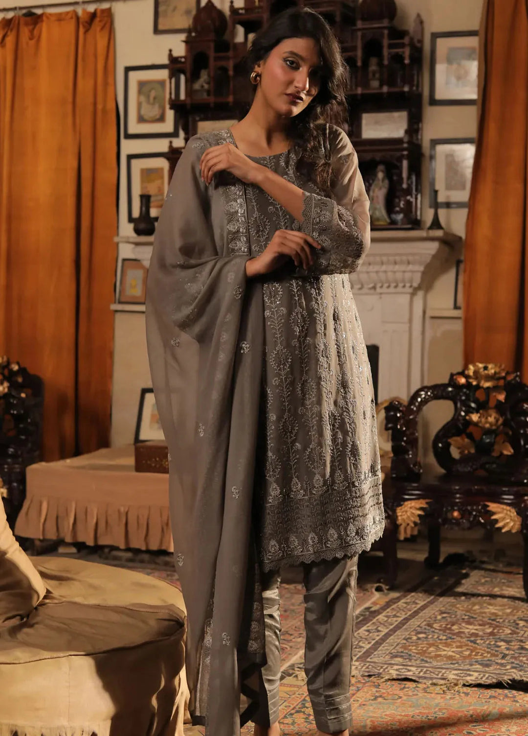 Edge Republic Pret Embroidered Raw Silk 3 Piece Suit Republic Womens 01 Gray Dheemi Sada
