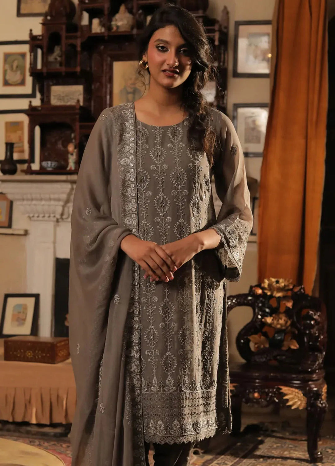 Edge Republic Pret Embroidered Raw Silk 3 Piece Suit Republic Womens 01 Gray Dheemi Sada