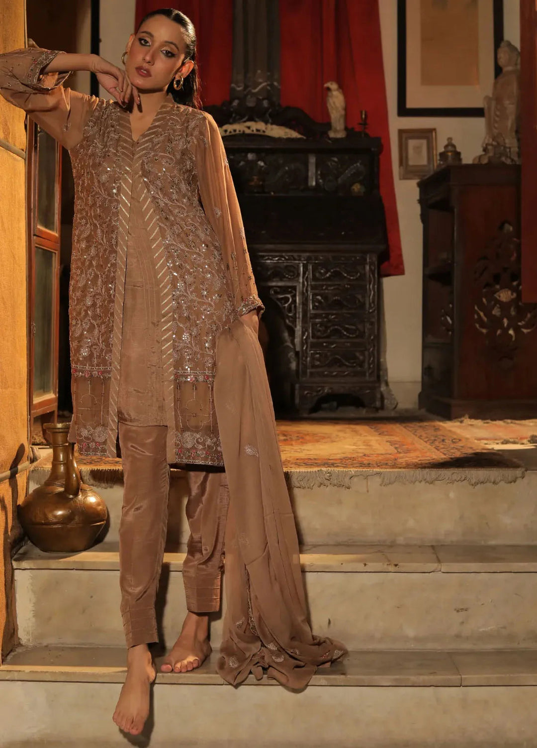 Edge Republic Pret Embroidered Raw Silk 3 Piece Suit Republic Womens 05 Sarsarana Brown