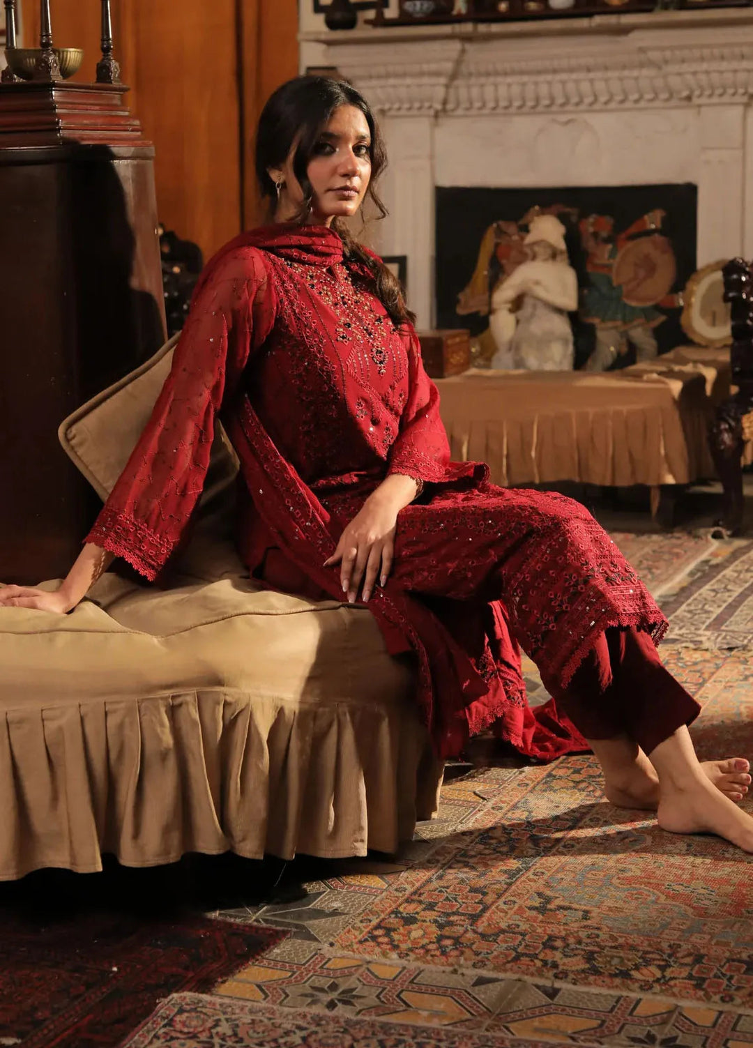 Edge Republic Pret Embroidered Raw Silk 3 Piece Suit Republic Womens 09 Guftagu Maroon