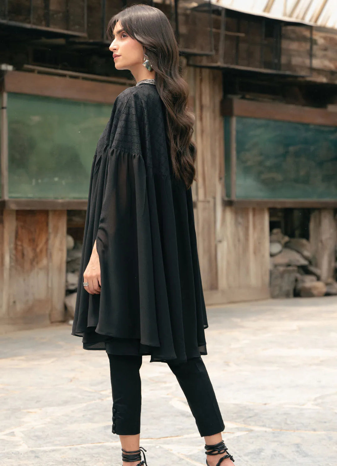 Edowlark Pret Causal Chikankari 3 Piece Beaded Cape Dress With Designer Details