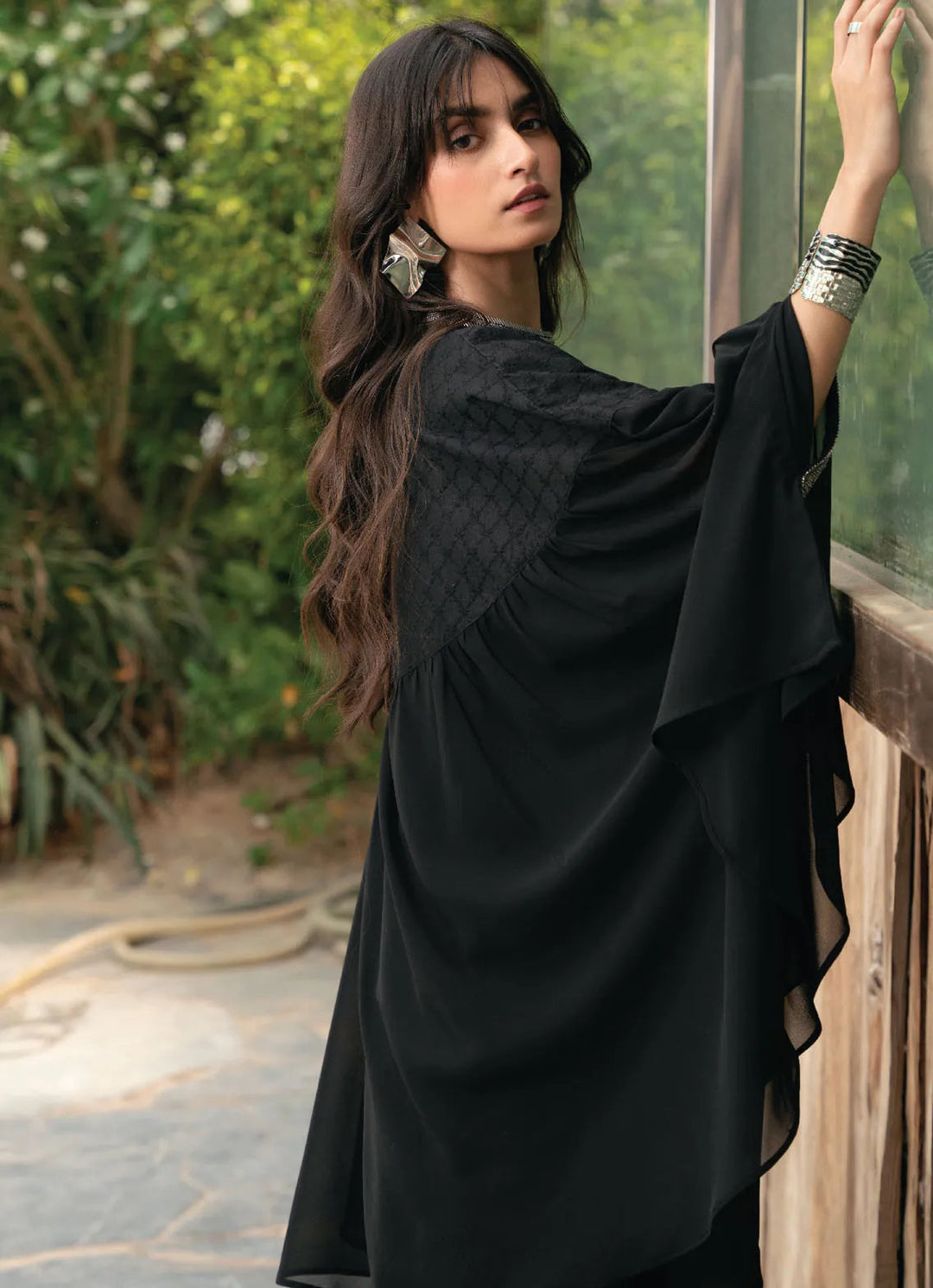 Edowlark Pret Causal Chikankari 3 Piece Beaded Cape Dress With Designer Details